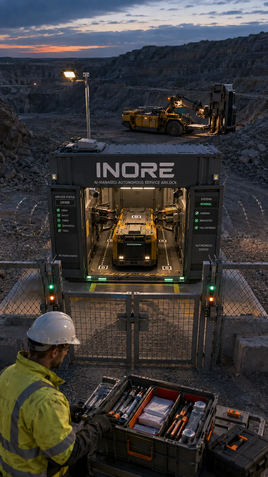 INORE BASE perimeter service station at the autonomous-zone boundary at dusk