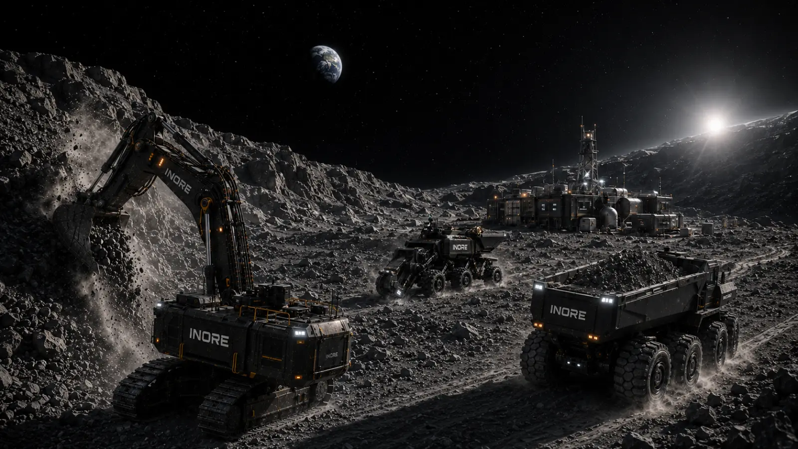 INORE excavator, loader, and hauler working a lunar pit beneath Earth, forward base on the ridge