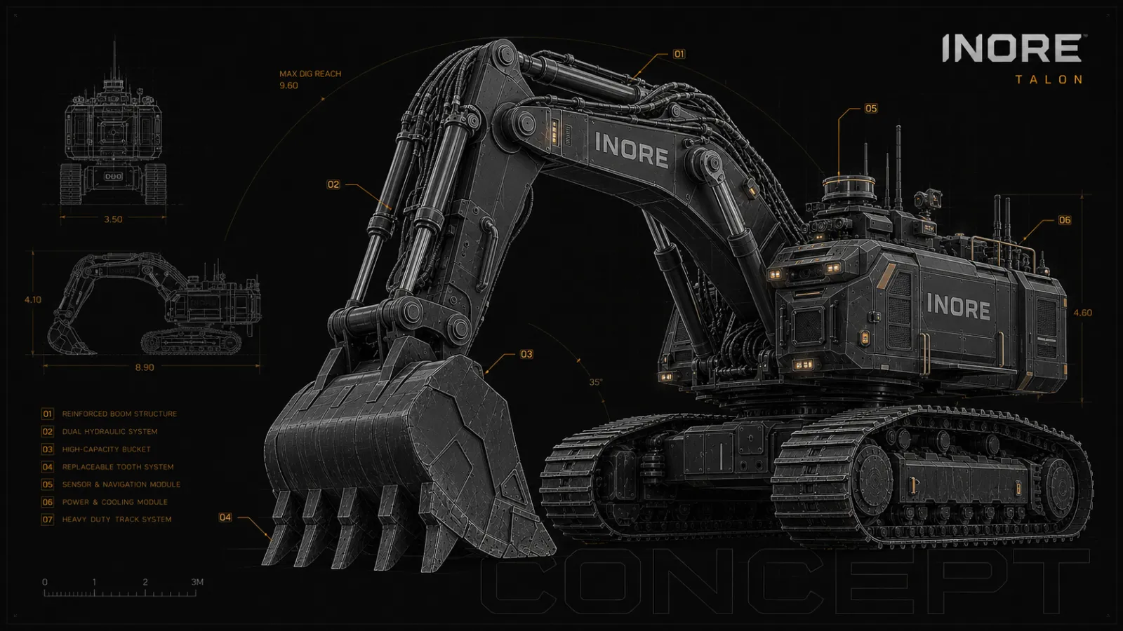 TALON autonomous excavator, engineering concept schematic with dimensions and callouts